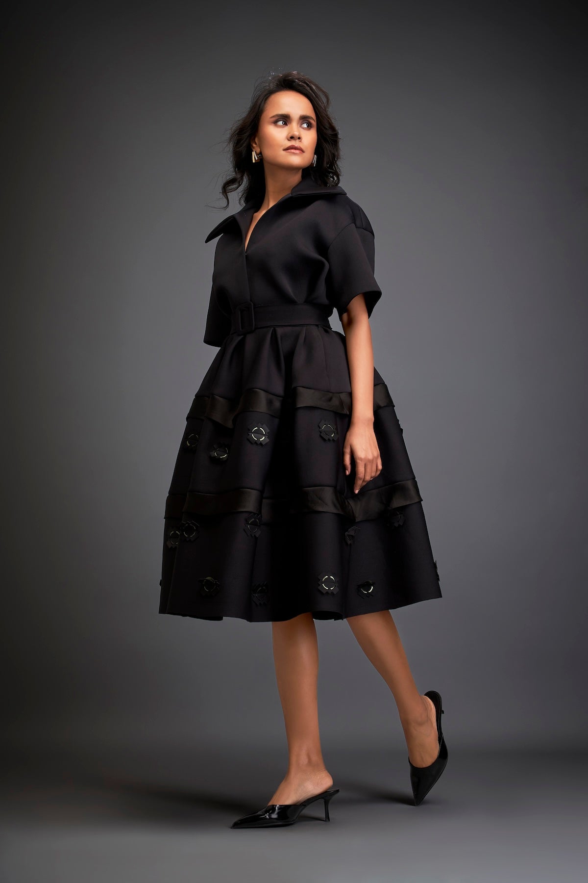 Collared Midi Dress With Belted Waist And Layered Floral Skirt