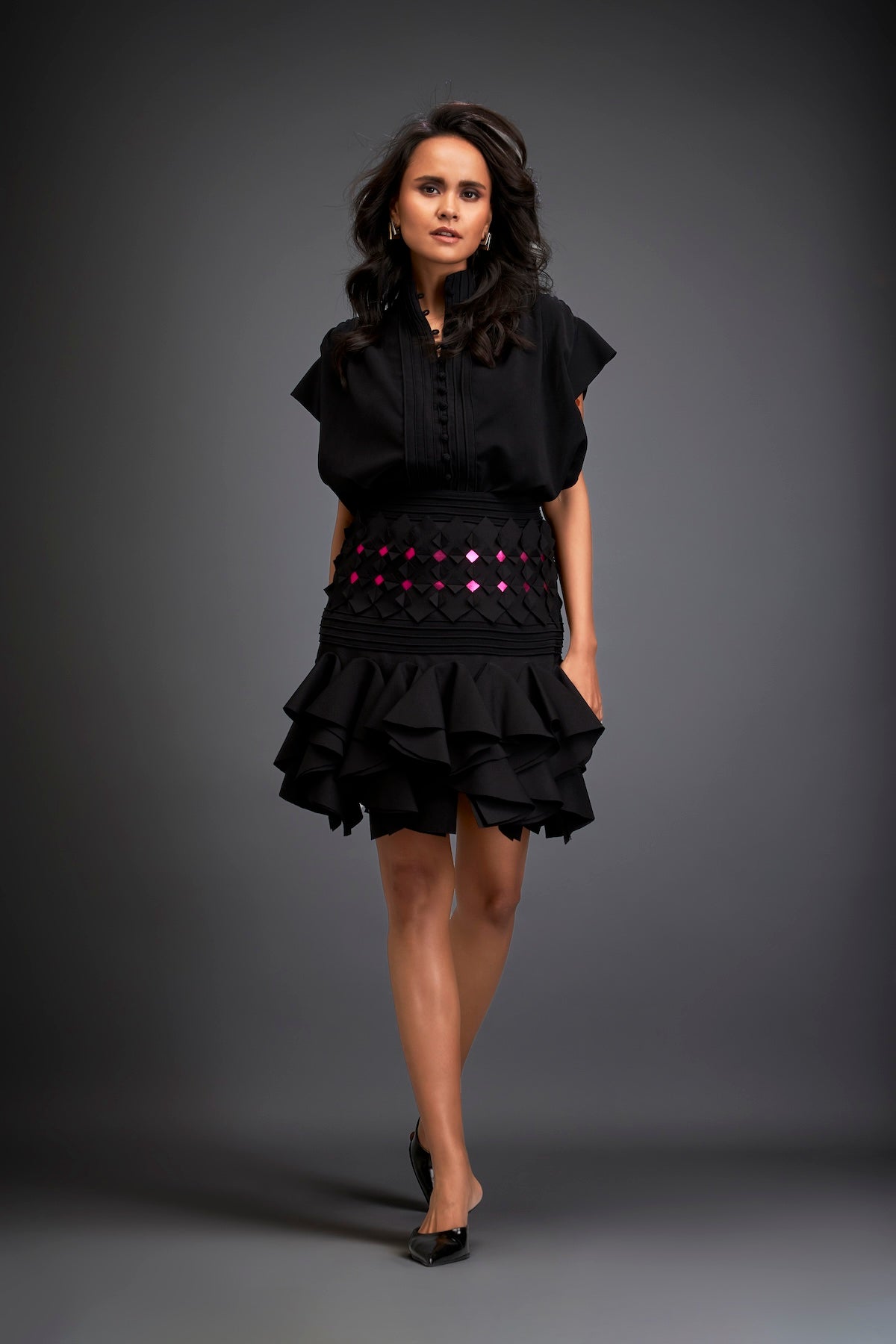 Ruffled Skirt With Structured Blouse And Metallic Embroidered Accents