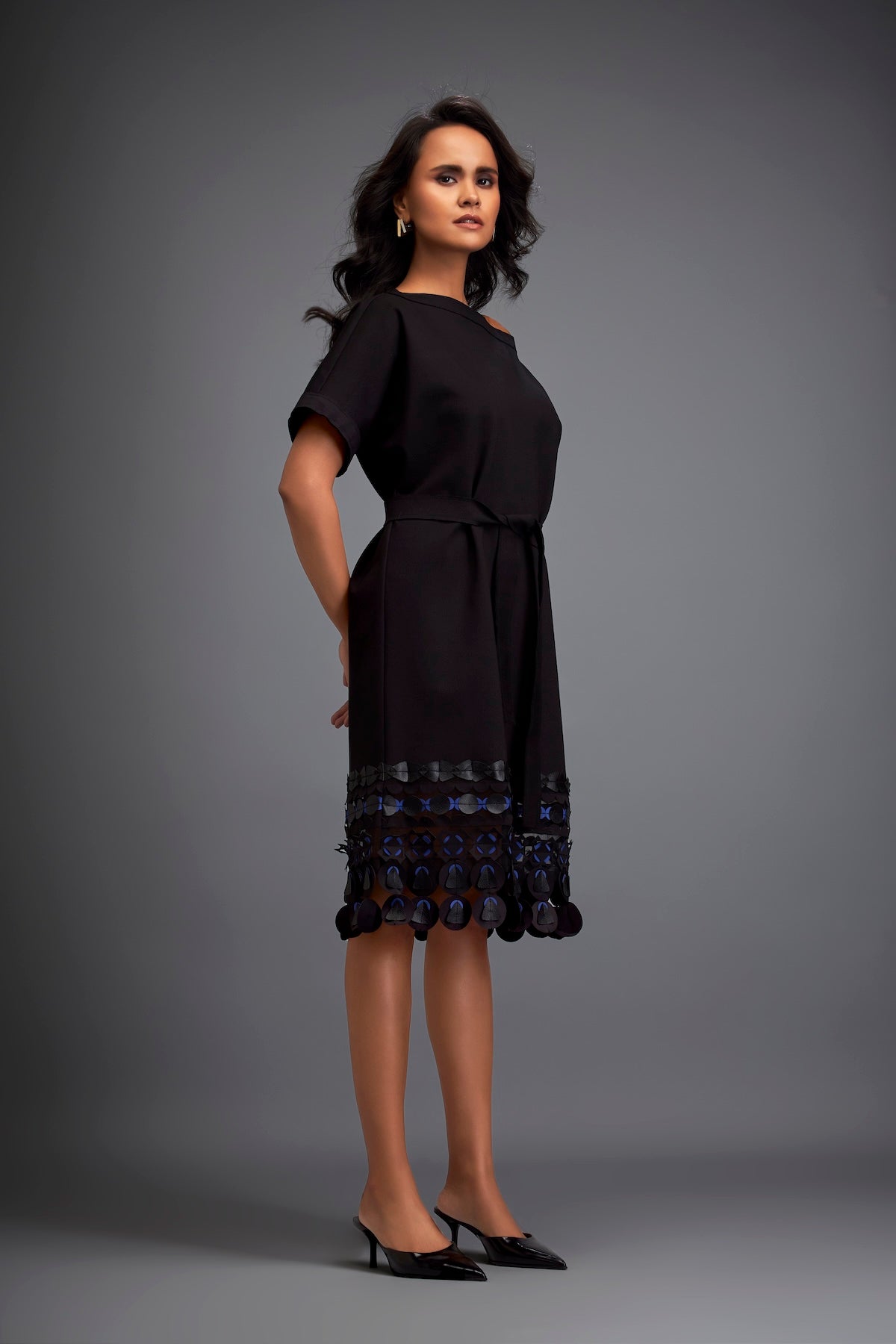 Structured Dress with Leather Appliqué Hem and Belt