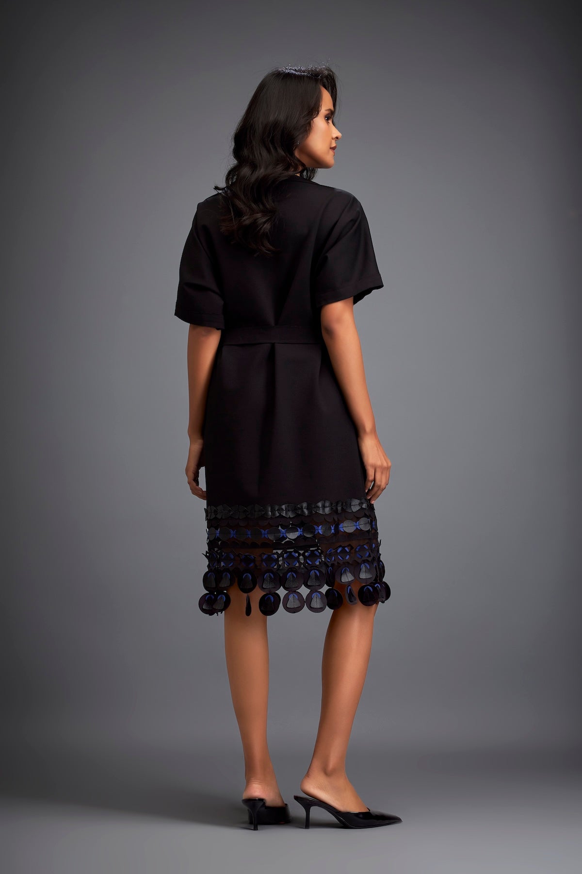 Structured Dress with Leather Appliqué Hem and Belt