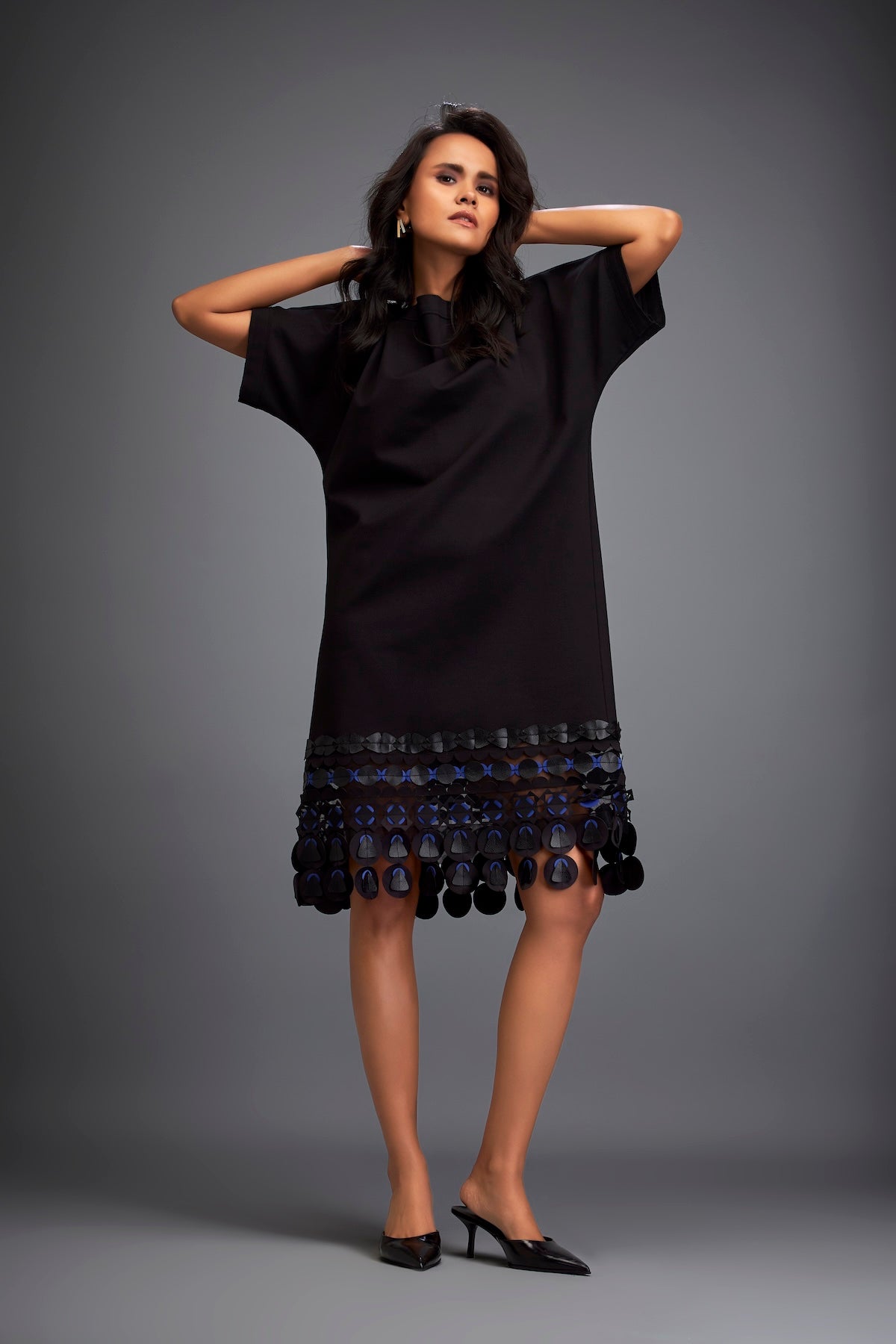 Structured Dress with Leather Appliqué Hem and Belt