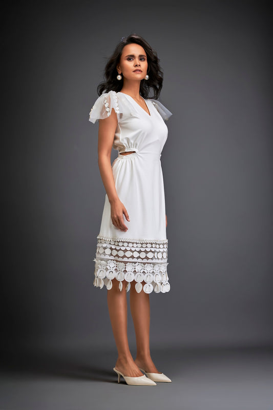 Dress With Sheer Sleeve Detailing And Mesh Geometric Appliqué Hemline