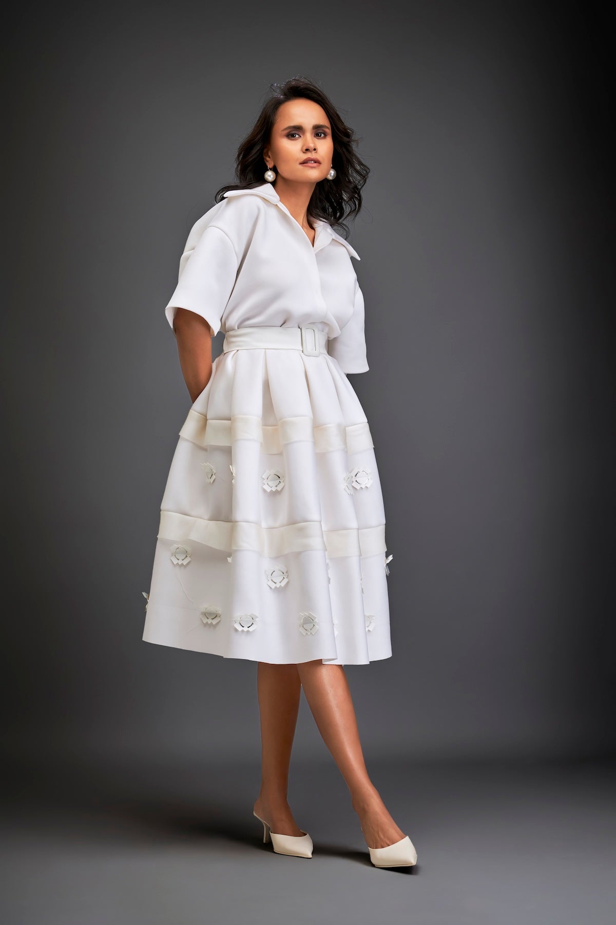 Collared Midi Dress With Belted Waist And Layered Floral Skirt