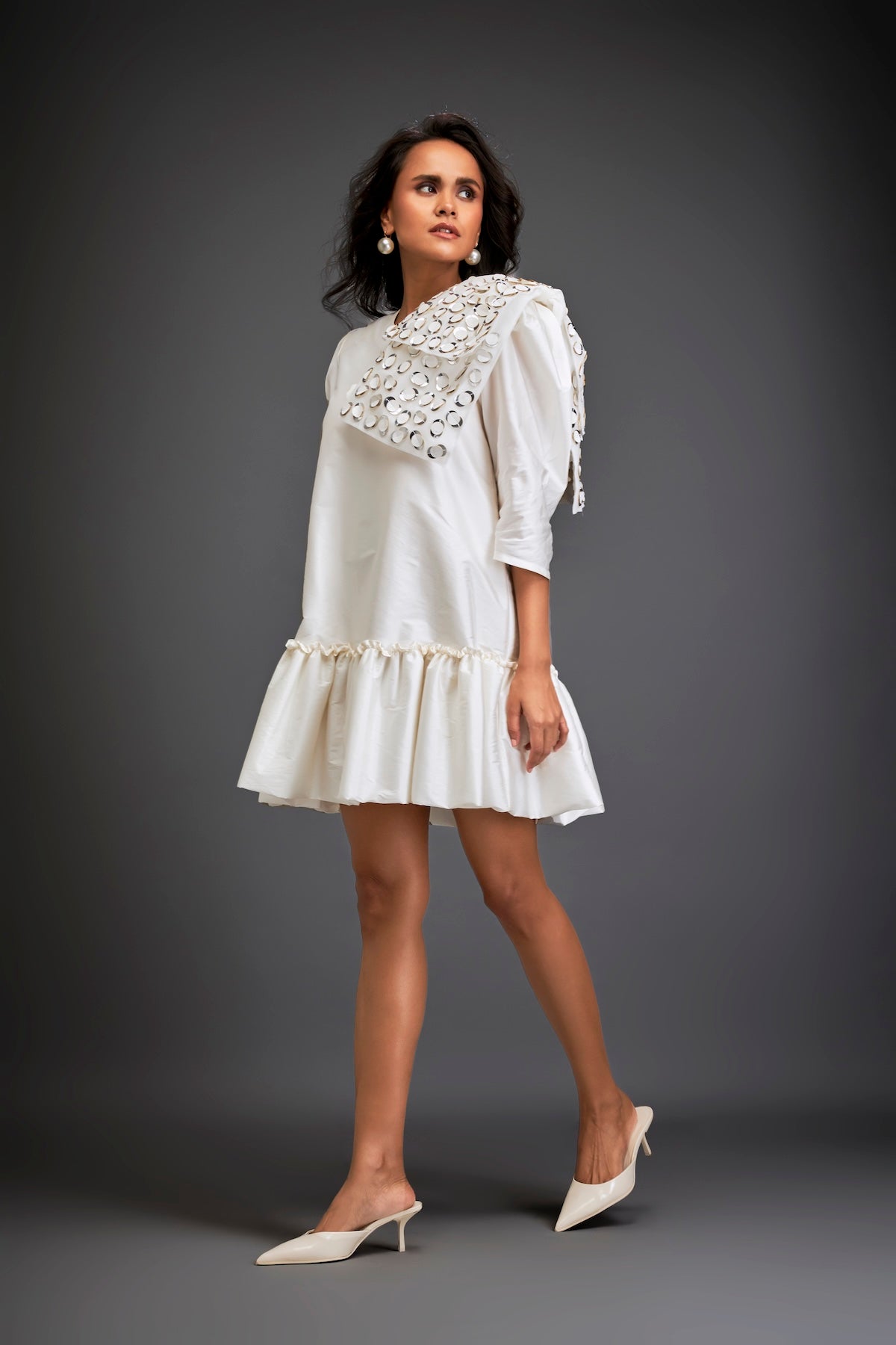 Mini Dress With Ruffled Hem And Metallic Appliqué Shoulder Detailing