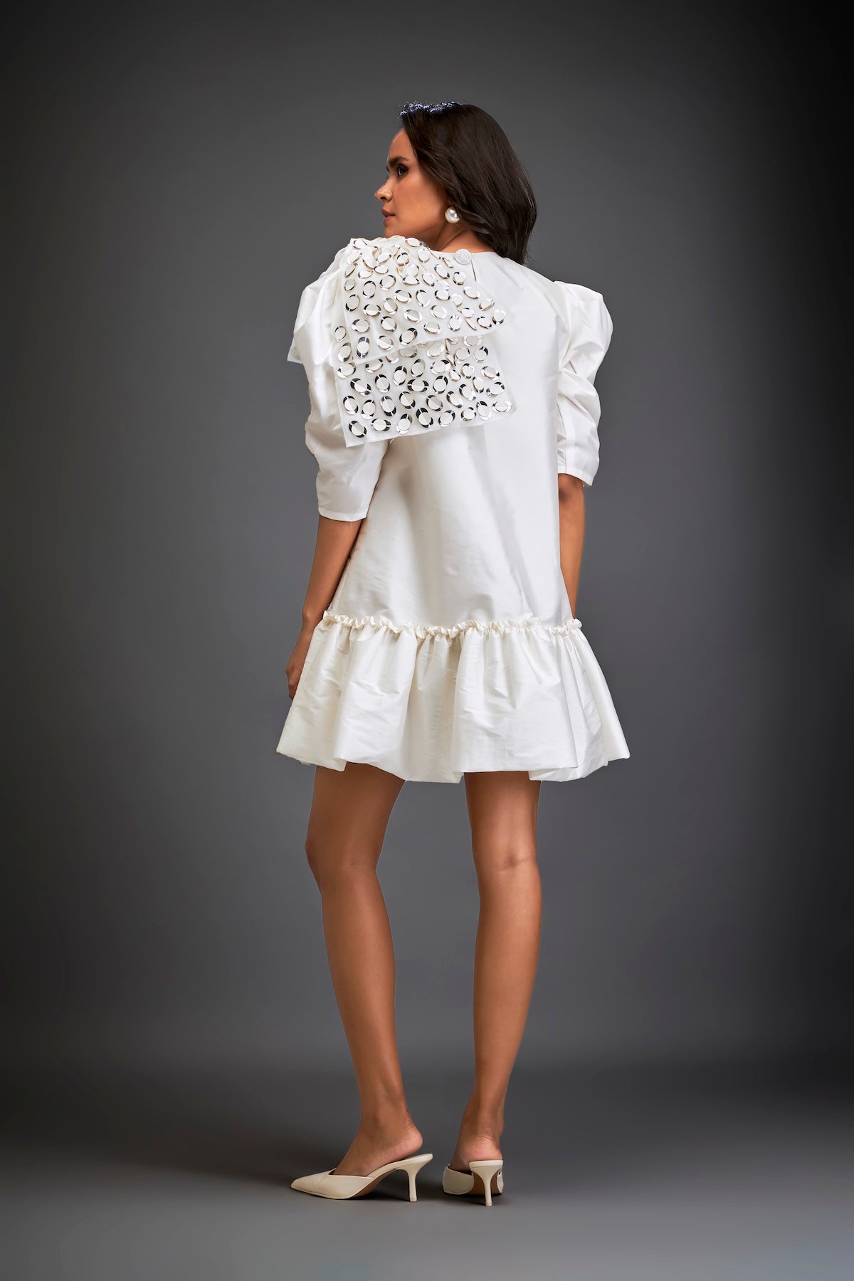 Mini Dress With Ruffled Hem And Metallic Appliqué Shoulder Detailing