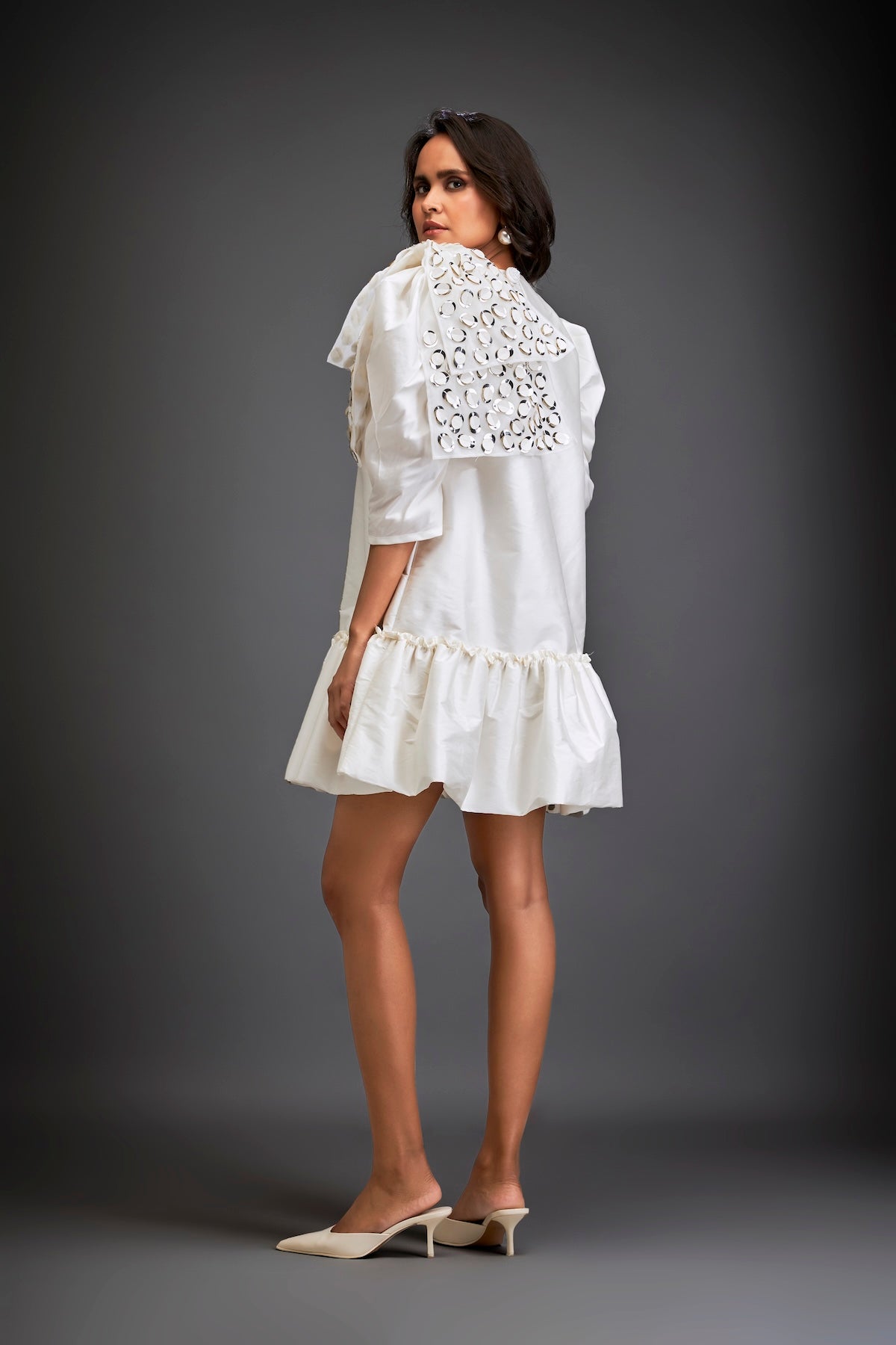 Mini Dress With Ruffled Hem And Metallic Appliqué Shoulder Detailing