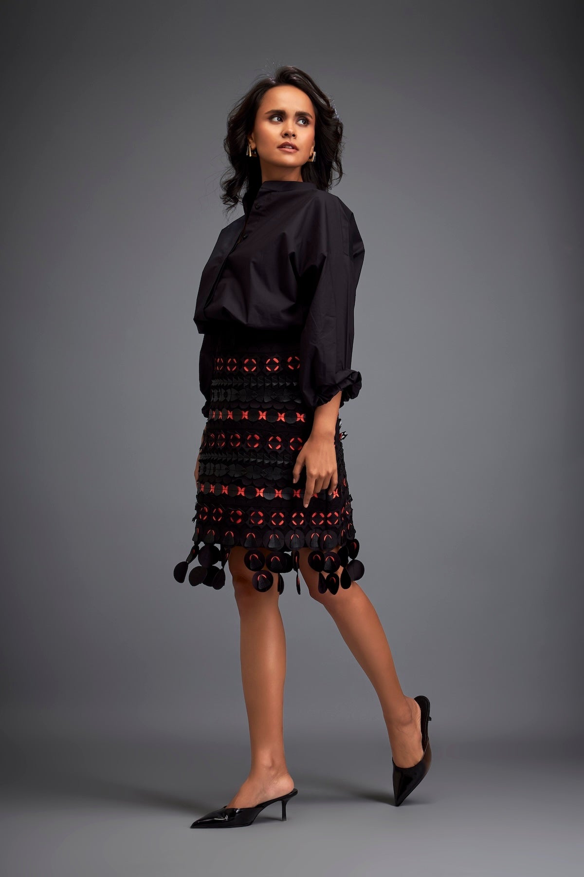 Skirt with Black and Orange Layered Geometric Cutouts