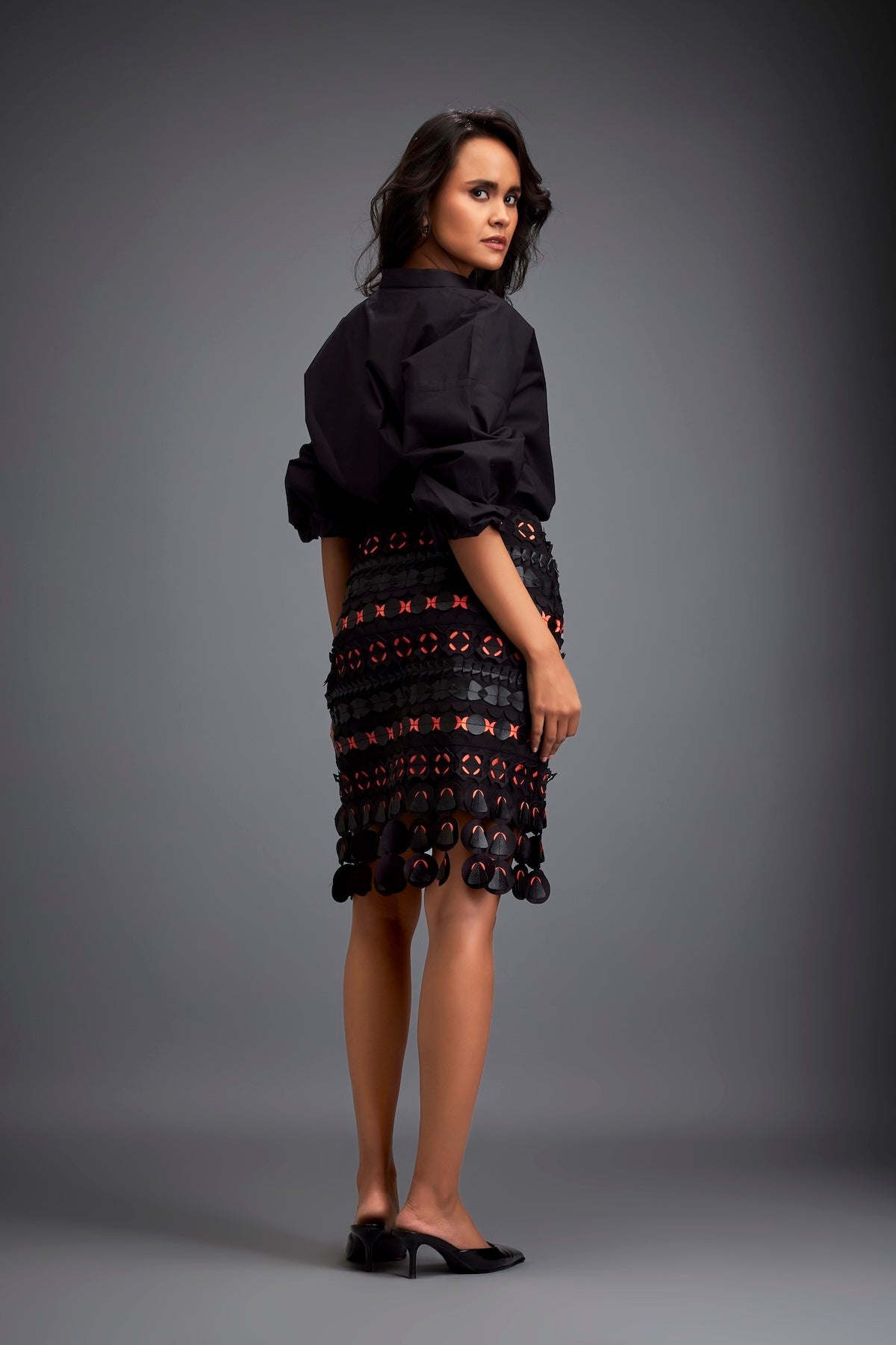 Skirt with Black and Orange Layered Geometric Cutouts