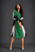 Load image into Gallery viewer, Statement Colourblock Midi Dress In Parrot Green With Contrast Metallic Silver Side Panels And Balloon Sleeves
