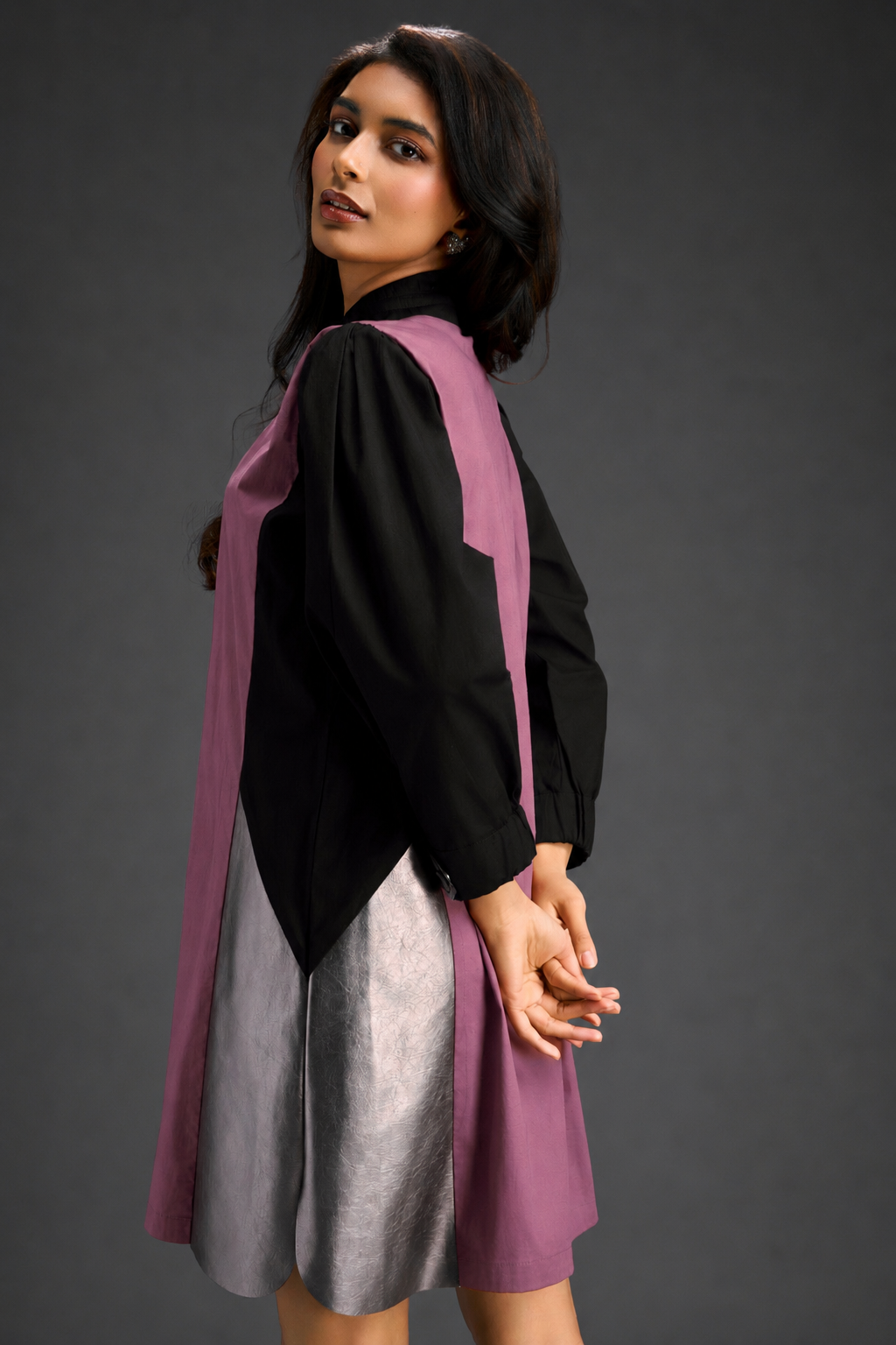 Colourblock Tunic Dress In Pink And Black With Metallic Silver Side Panels