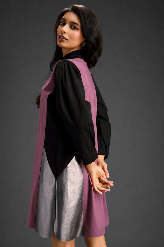 Colourblock Tunic Dress In Pink And Black With Metallic Silver Side Panels