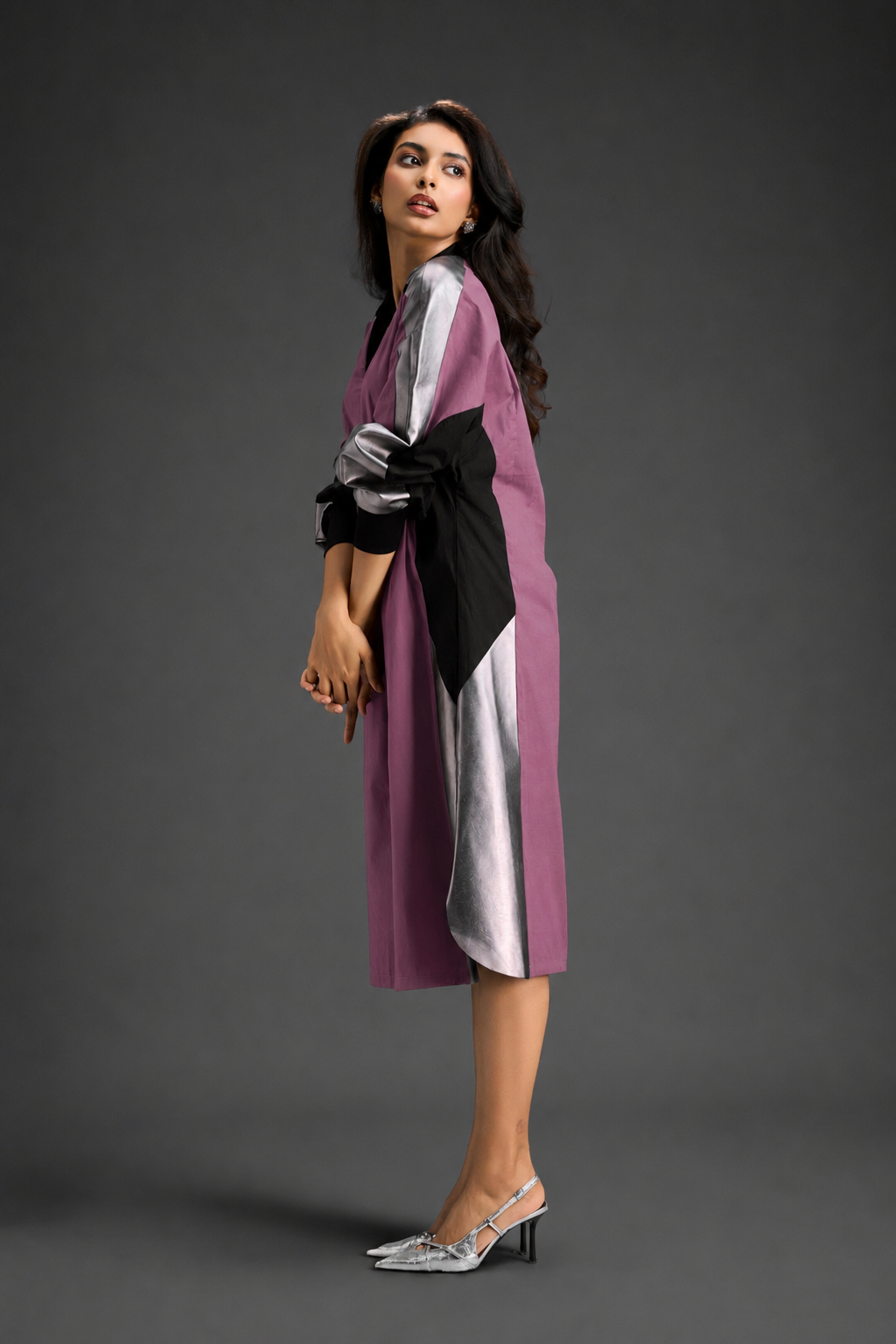 Statement Colourblock Midi Dress In Pink With Contrast Metallic Silver Side Panels And Balloon Sleeves