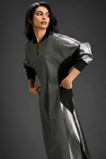 Load image into Gallery viewer, Statement Colourblock Midi Dress In Warm Grey With Contrast Metallic Silver Side Panels And Balloon Sleeves
