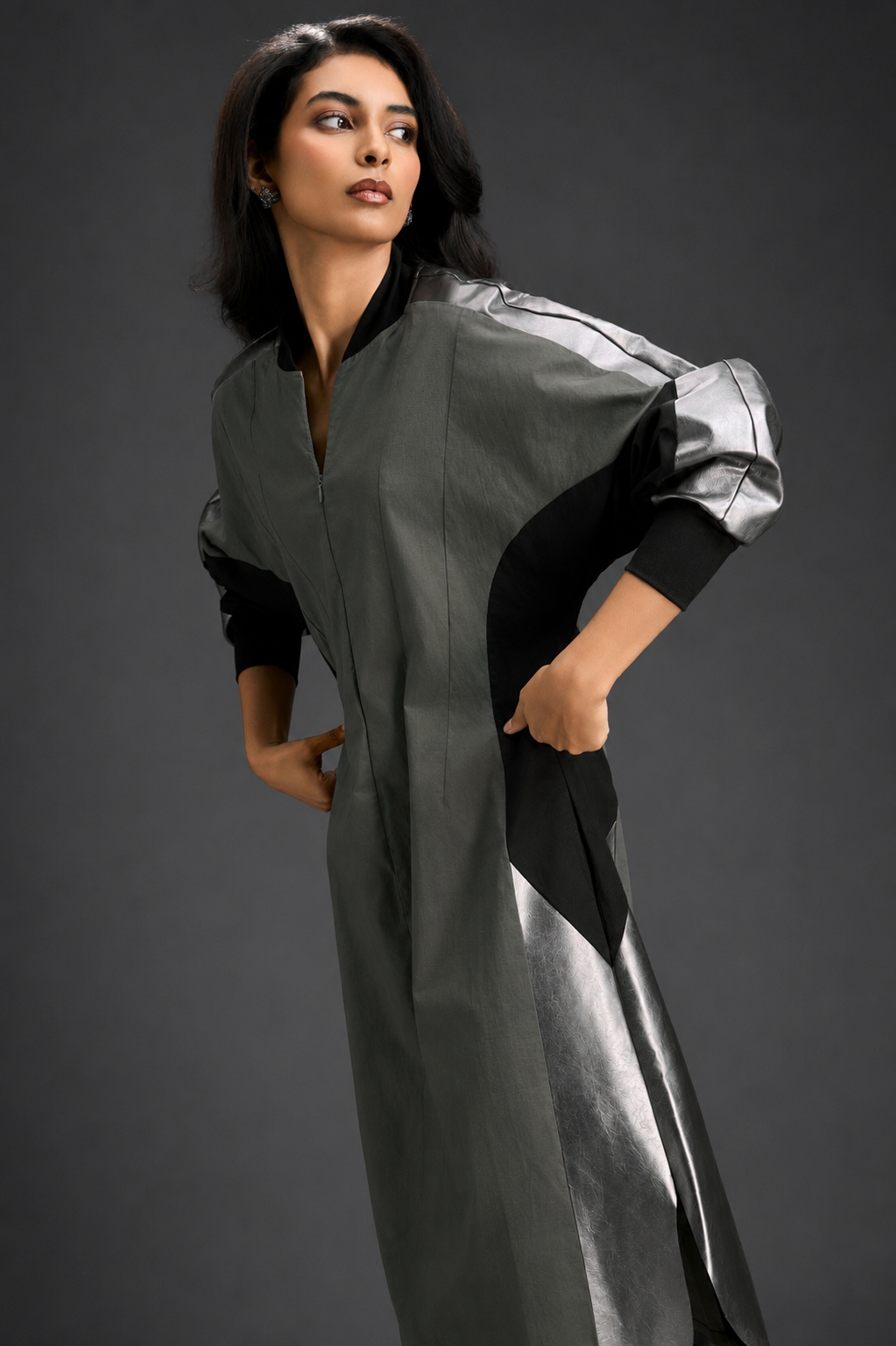 Statement Colourblock Midi Dress In Warm Grey With Contrast Metallic Silver Side Panels And Balloon Sleeves