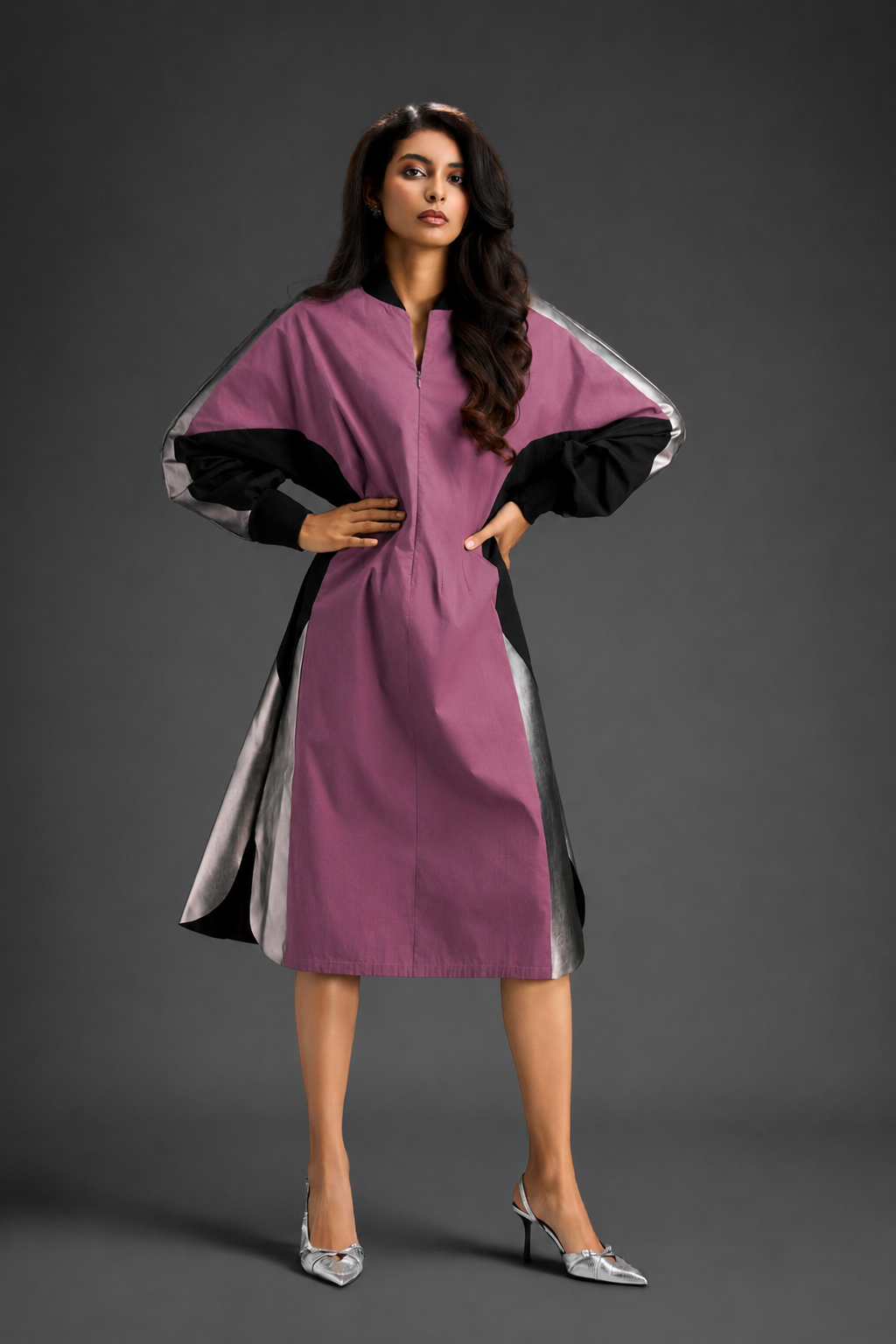 Statement Colourblock Midi Dress In Pink With Contrast Metallic Silver Side Panels And Balloon Sleeves