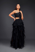 Load image into Gallery viewer, Black Hand Embroidered One Shoulder Ruffle Dress With Net Ruffles And Cutwork Detailing
