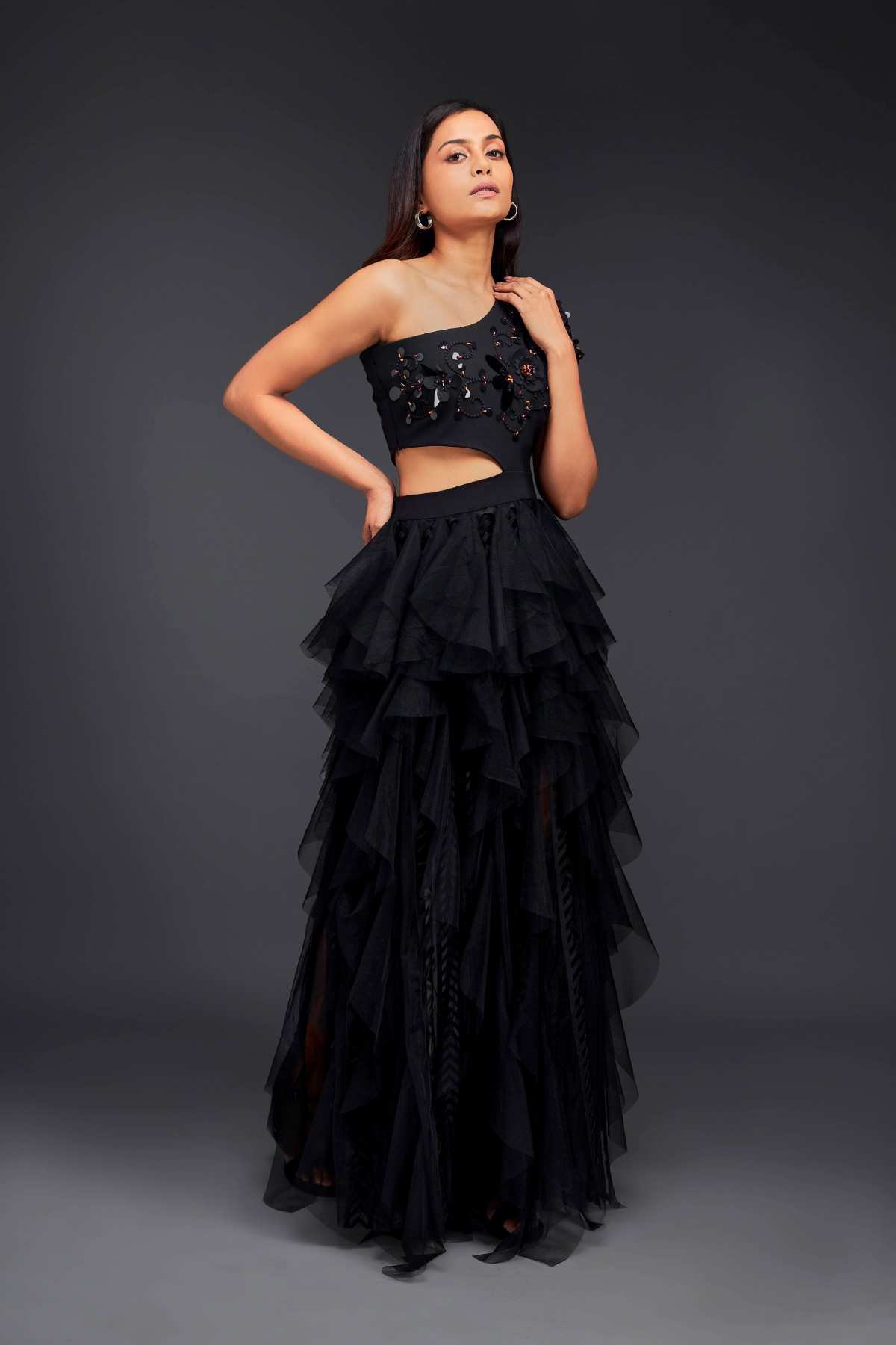 Black Hand Embroidered One Shoulder Ruffle Dress With Net Ruffles And Cutwork Detailing