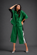 Load image into Gallery viewer, Relaxed Parrot Green Co-ord With Loose-fit Dramatic-sleeve Shirt And Wide-leg Pants With Metallic Side Panels.
