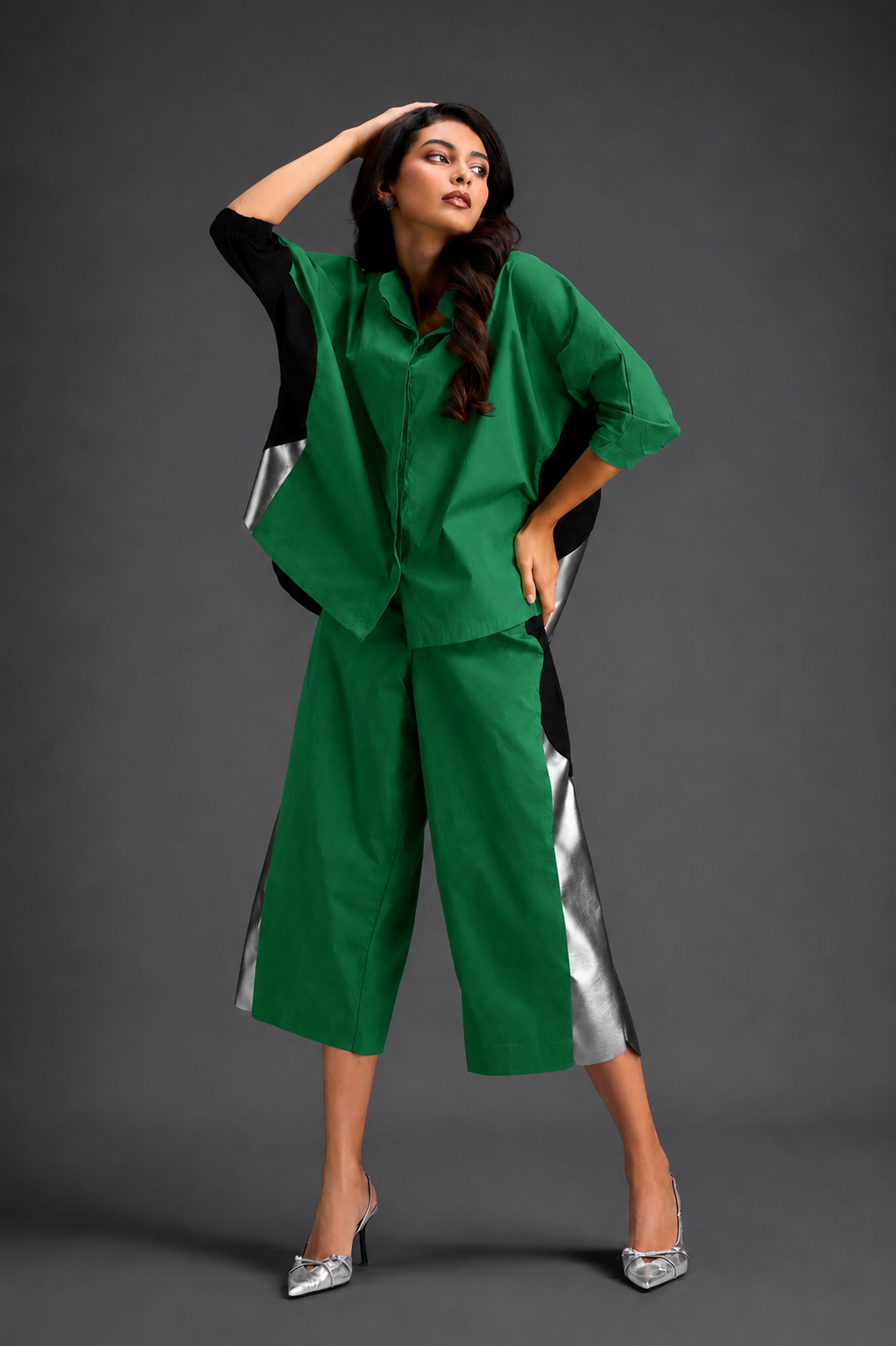 Relaxed Parrot Green Co-ord With Loose-fit Dramatic-sleeve Shirt And Wide-leg Pants With Metallic Side Panels.