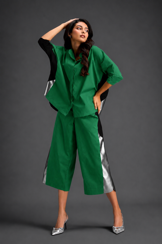 Relaxed Parrot Green Co-ord With Loose-fit Dramatic-sleeve Shirt And Wide-leg Pants With Metallic Side Panels.