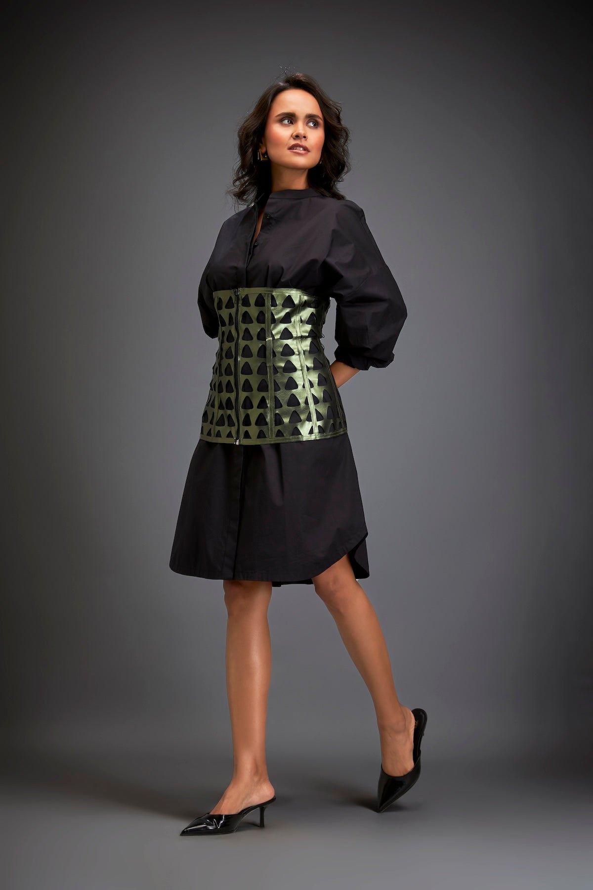 Shirtdress With Metallic Corset And Geometric Cutout Detailing