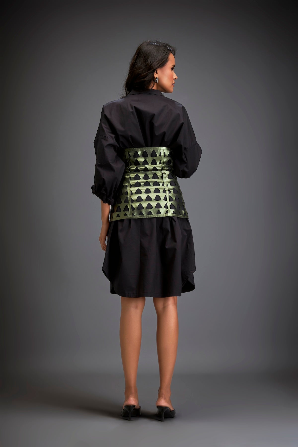 Shirtdress With Metallic Corset And Geometric Cutout Detailing