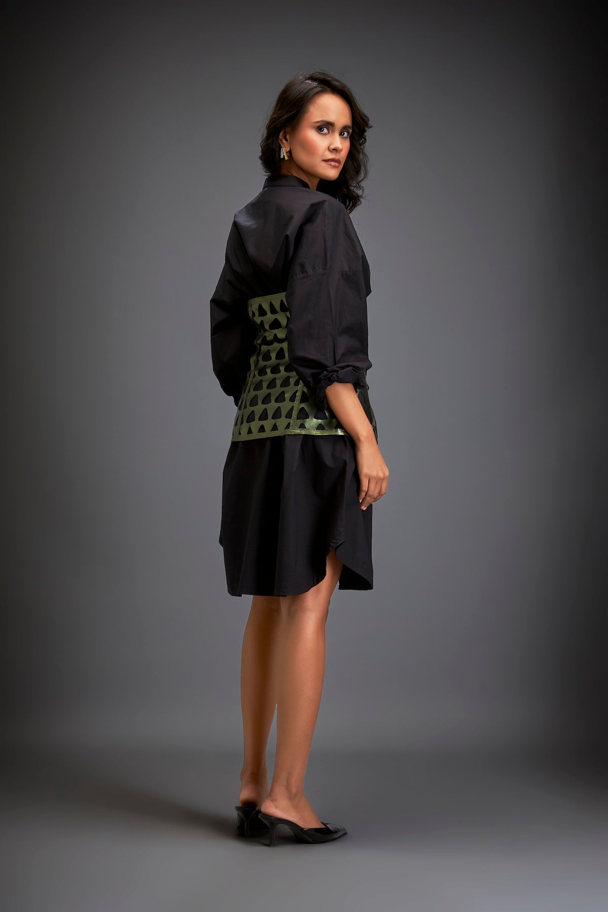 Shirtdress With Metallic Corset And Geometric Cutout Detailing