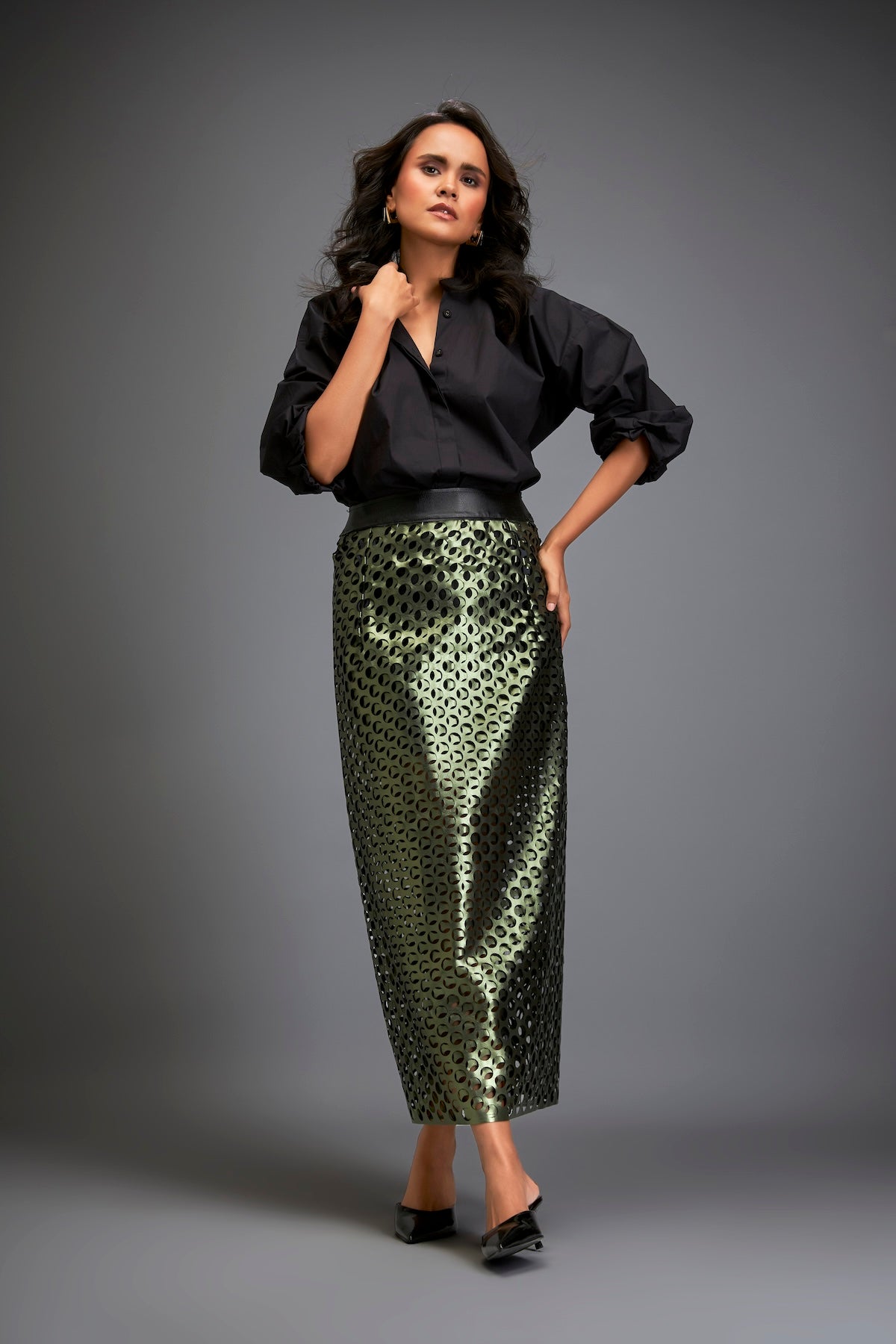 Metallic Skirt With Geometric Cutout Detailing