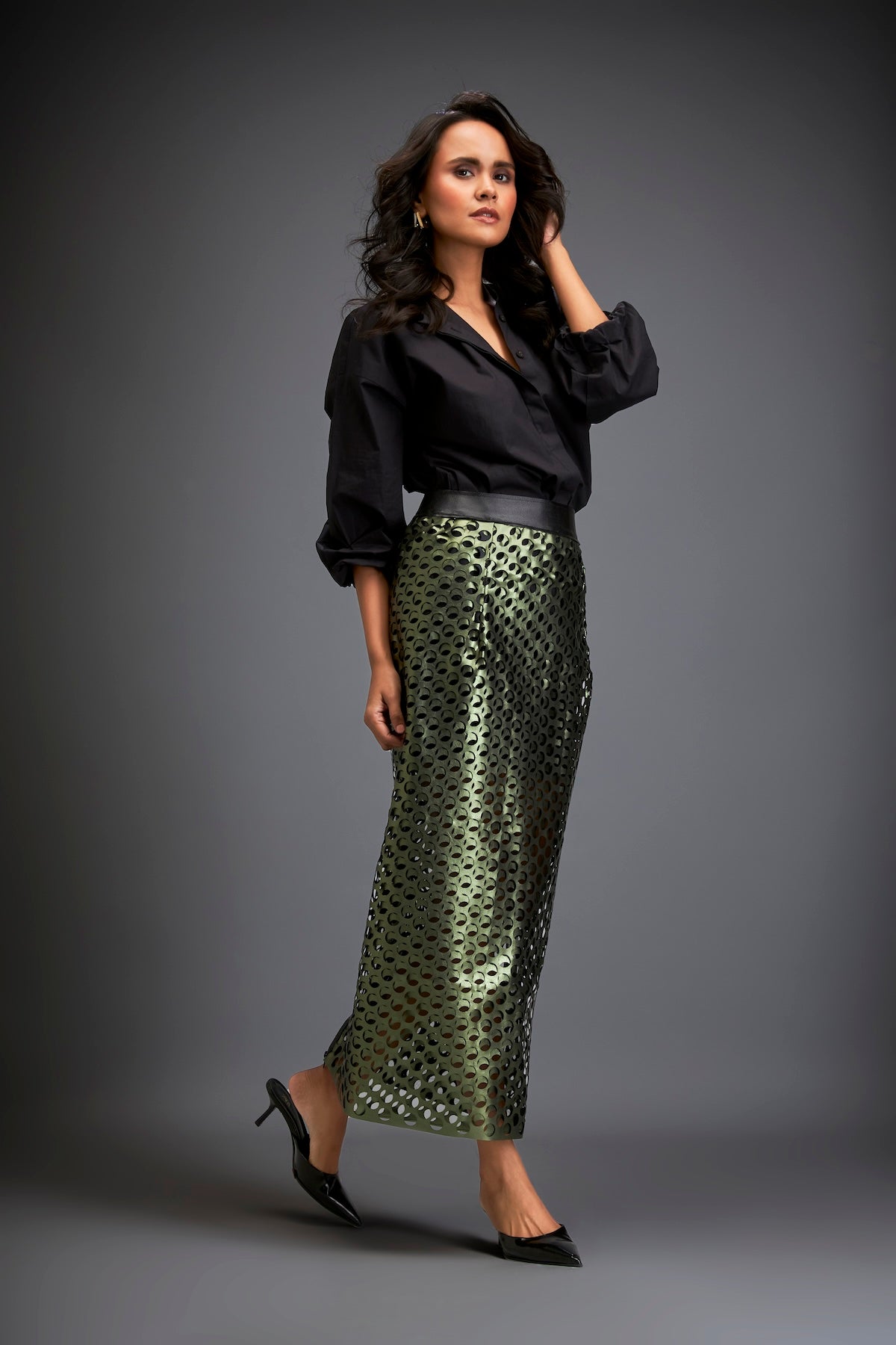 Metallic Skirt With Geometric Cutout Detailing