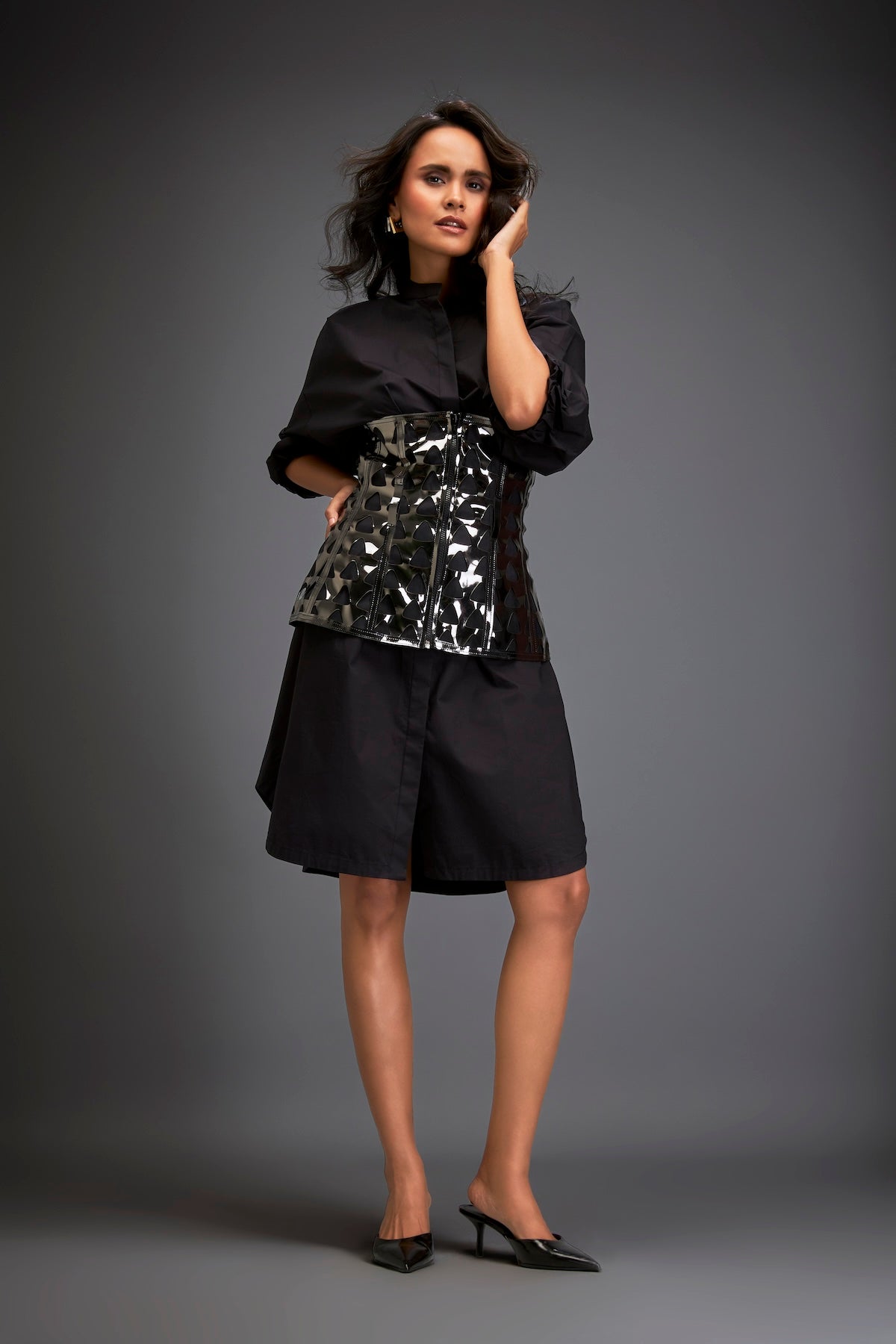 Shirtdress With Metallic Corset And Geometric Cutout Detailing