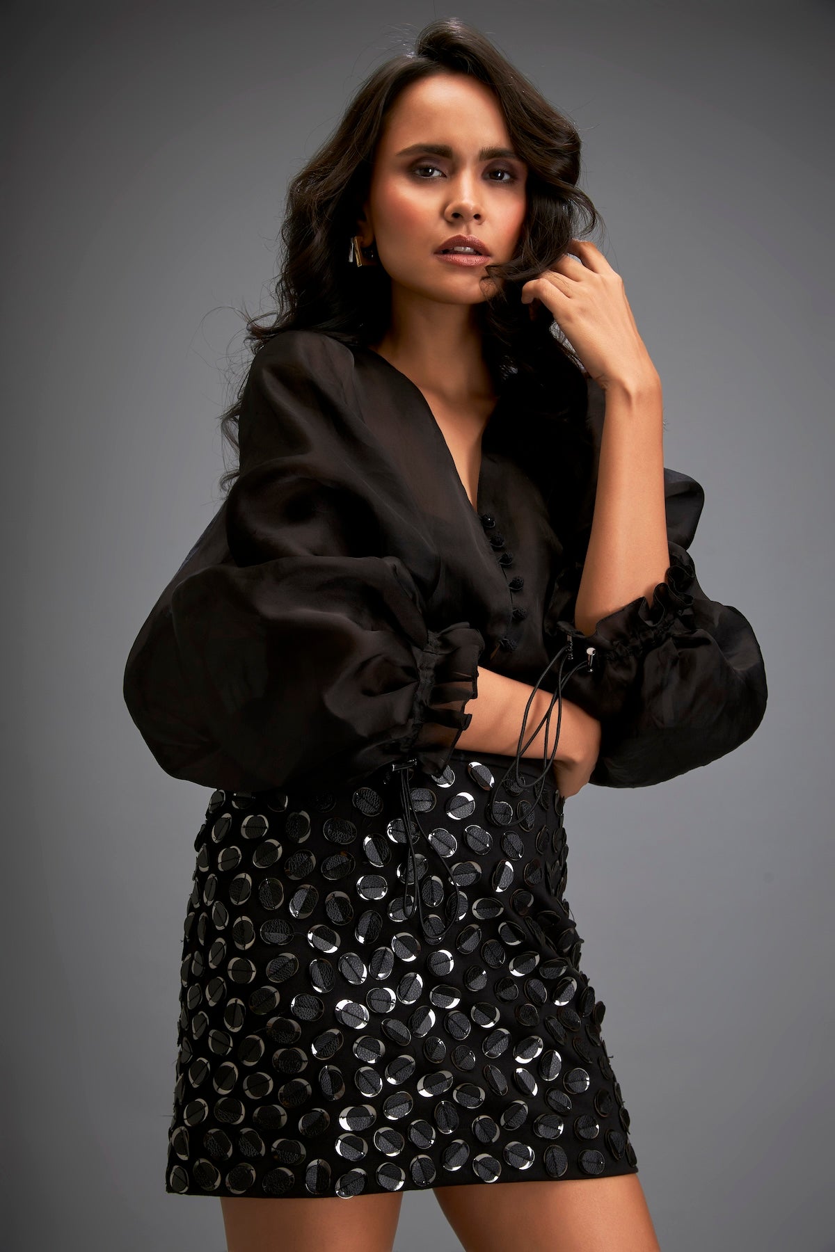 Blouse With Voluminous Sleeves And Textured Mini Skirt