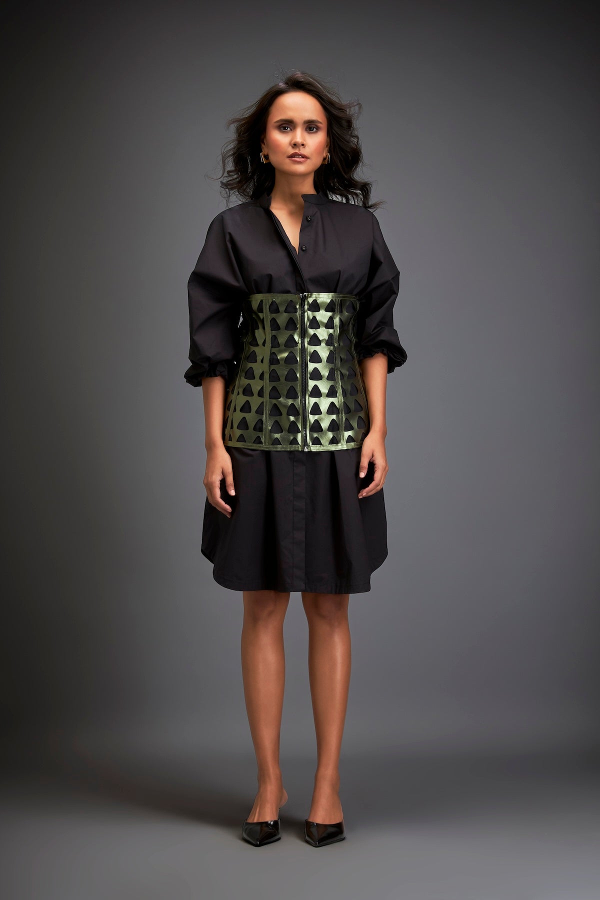 Shirtdress With Metallic Corset And Geometric Cutout Detailing