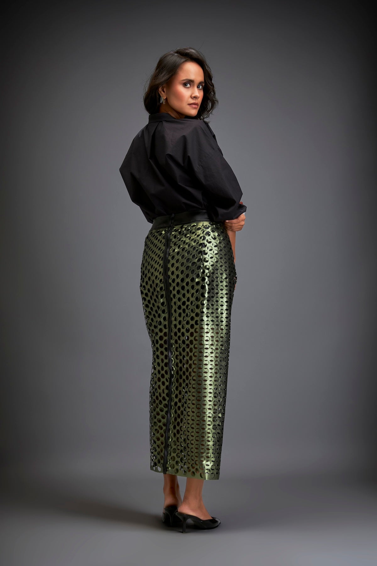 Metallic Skirt With Geometric Cutout Detailing