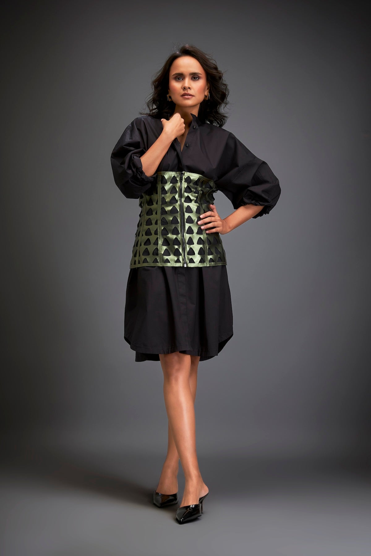 Shirtdress With Metallic Corset And Geometric Cutout Detailing