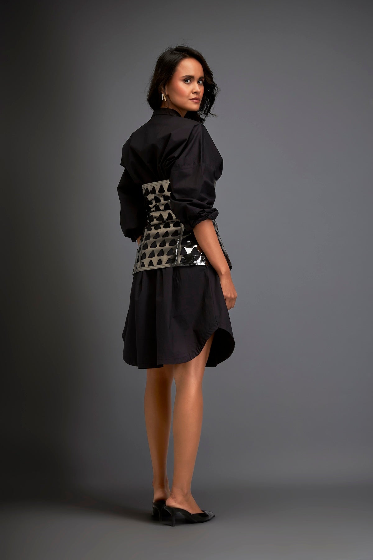 Shirtdress With Metallic Corset And Geometric Cutout Detailing