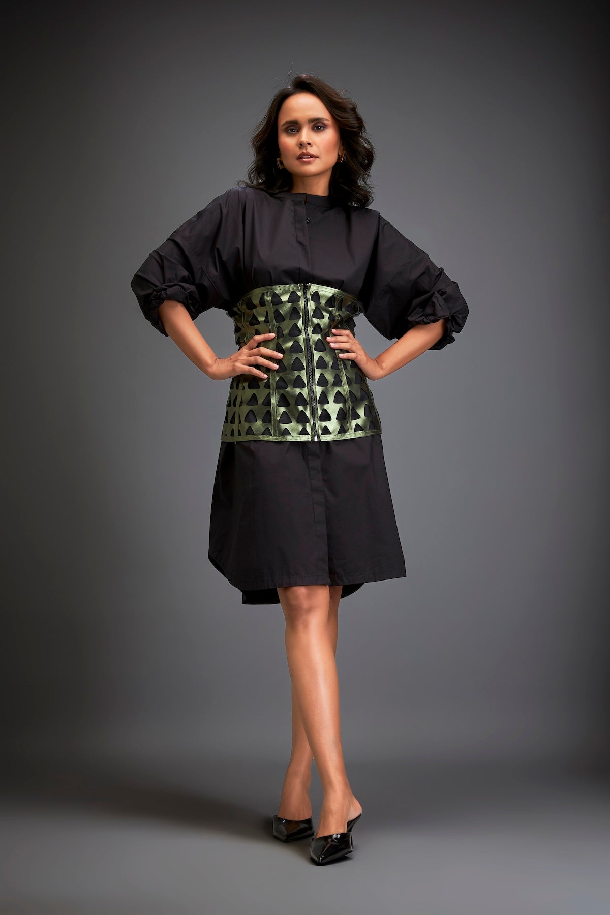 Shirtdress With Metallic Corset And Geometric Cutout Detailing