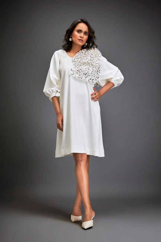 Dress With Voluminous Sleeves And Glossy Metallic Shoulder Embellishments