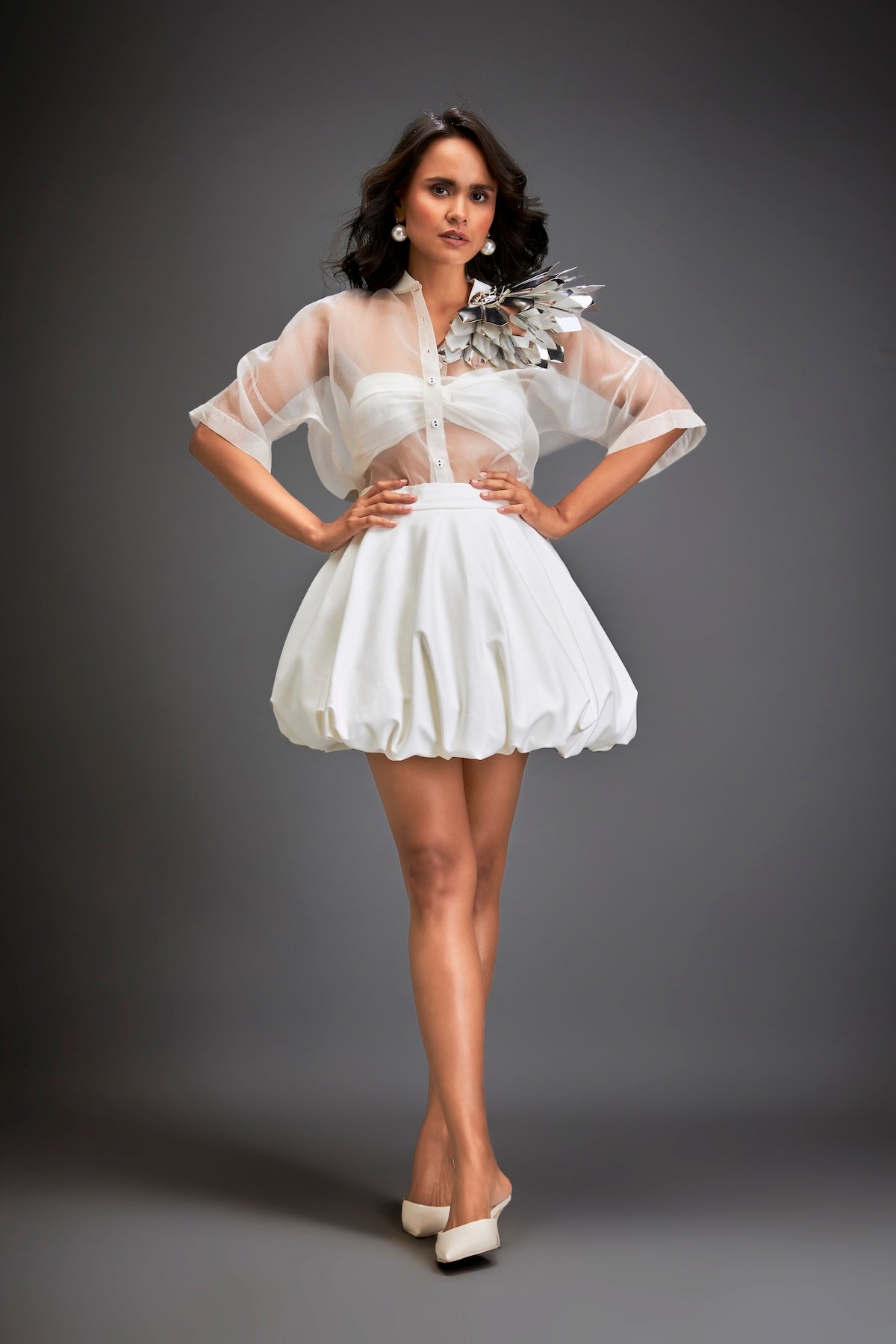 Sheer Top With Silver Floral Embellishments And Bubble Skirt