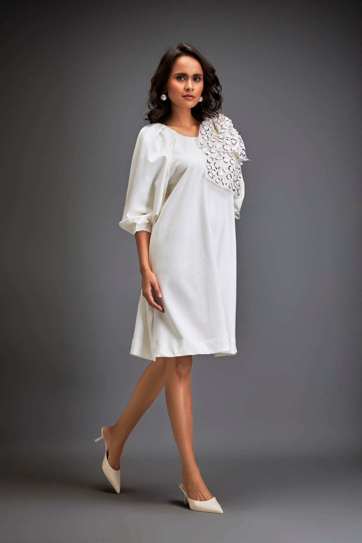 Dress With Voluminous Sleeves And Glossy Metallic Shoulder Embellishments