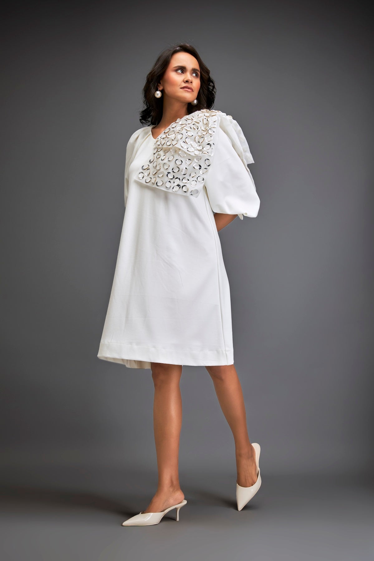 Dress With Voluminous Sleeves And Glossy Metallic Shoulder Embellishments