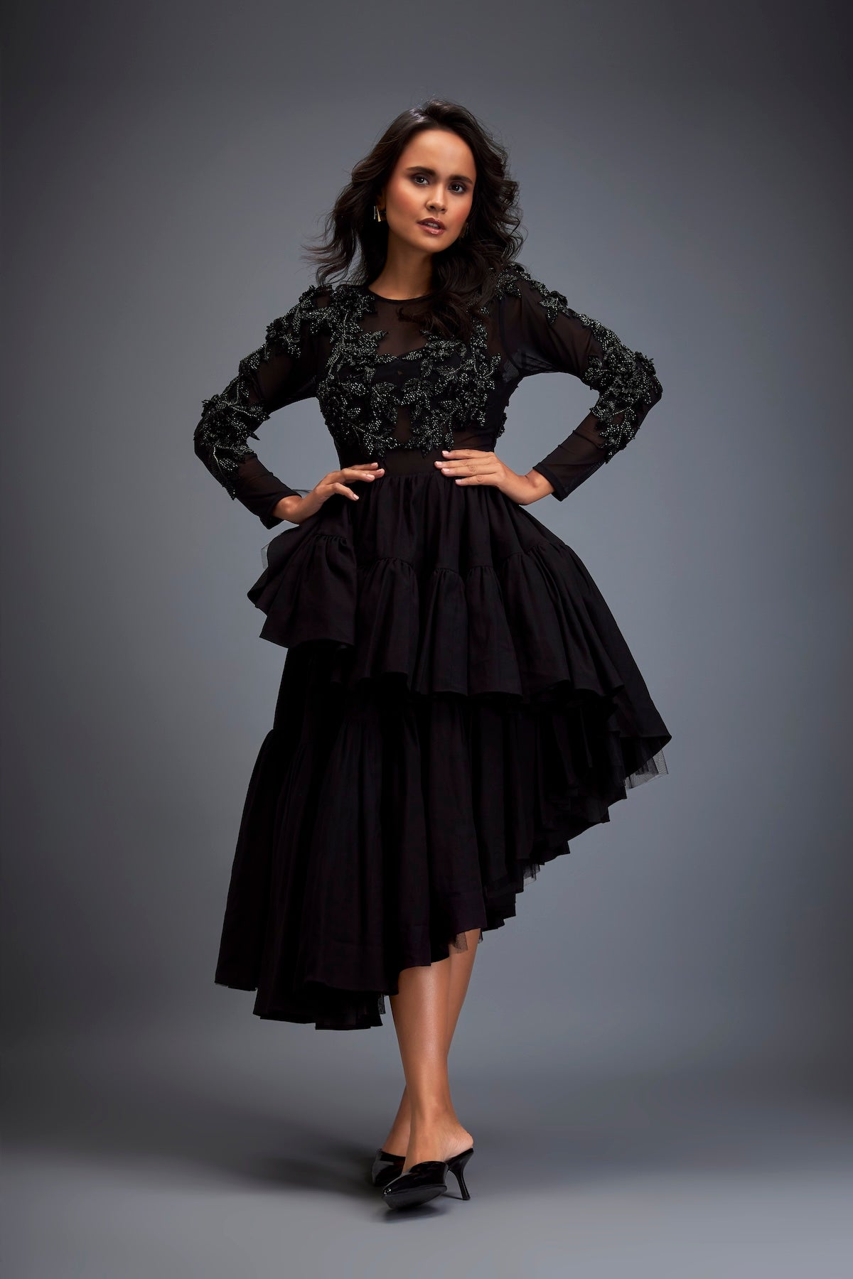 Full-sleeve Swarovski Bodice Top With Ruffle Skirt