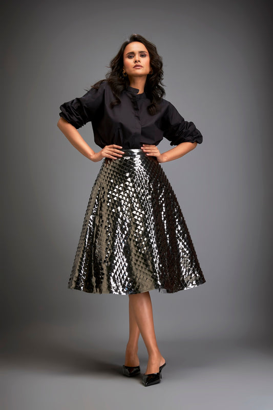 Gun Metal Coloured Metallic 3-D Textured A-line Skirt