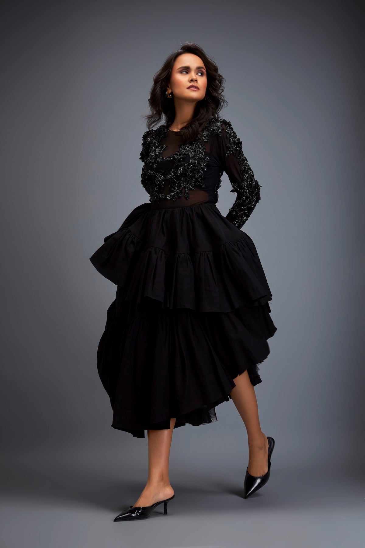 Full-sleeve Swarovski Bodice Top With Ruffle Skirt