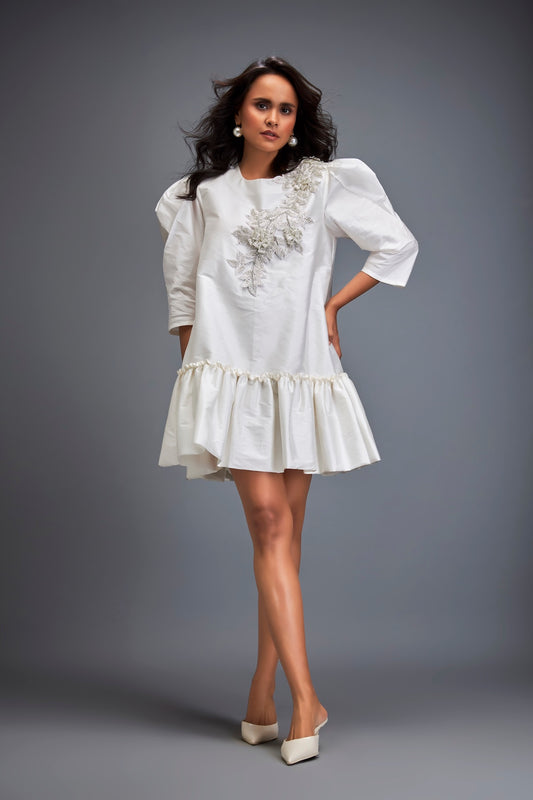 Puff-sleeve Dress With Swarovski Floral Appliqué