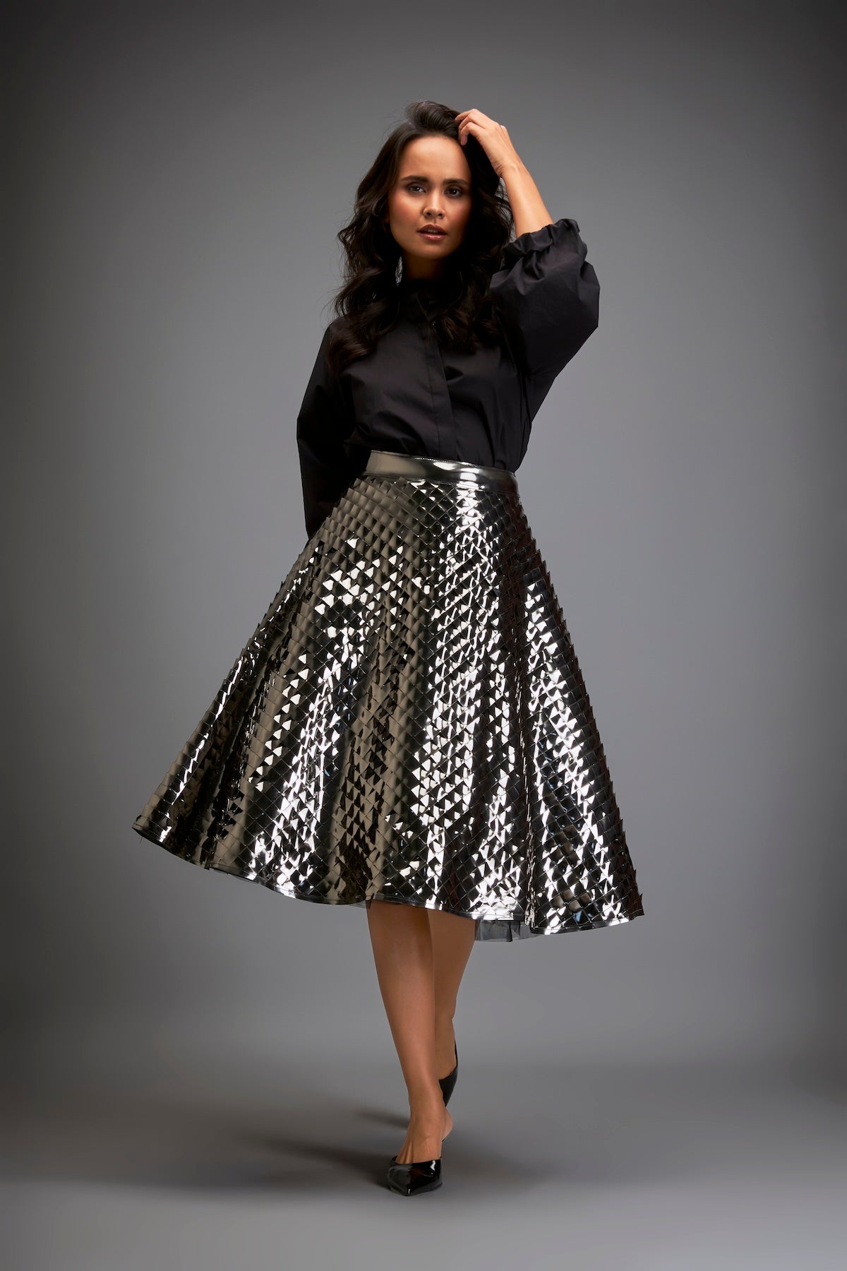 Gun Metal Coloured Metallic 3-D Textured A-line Skirt