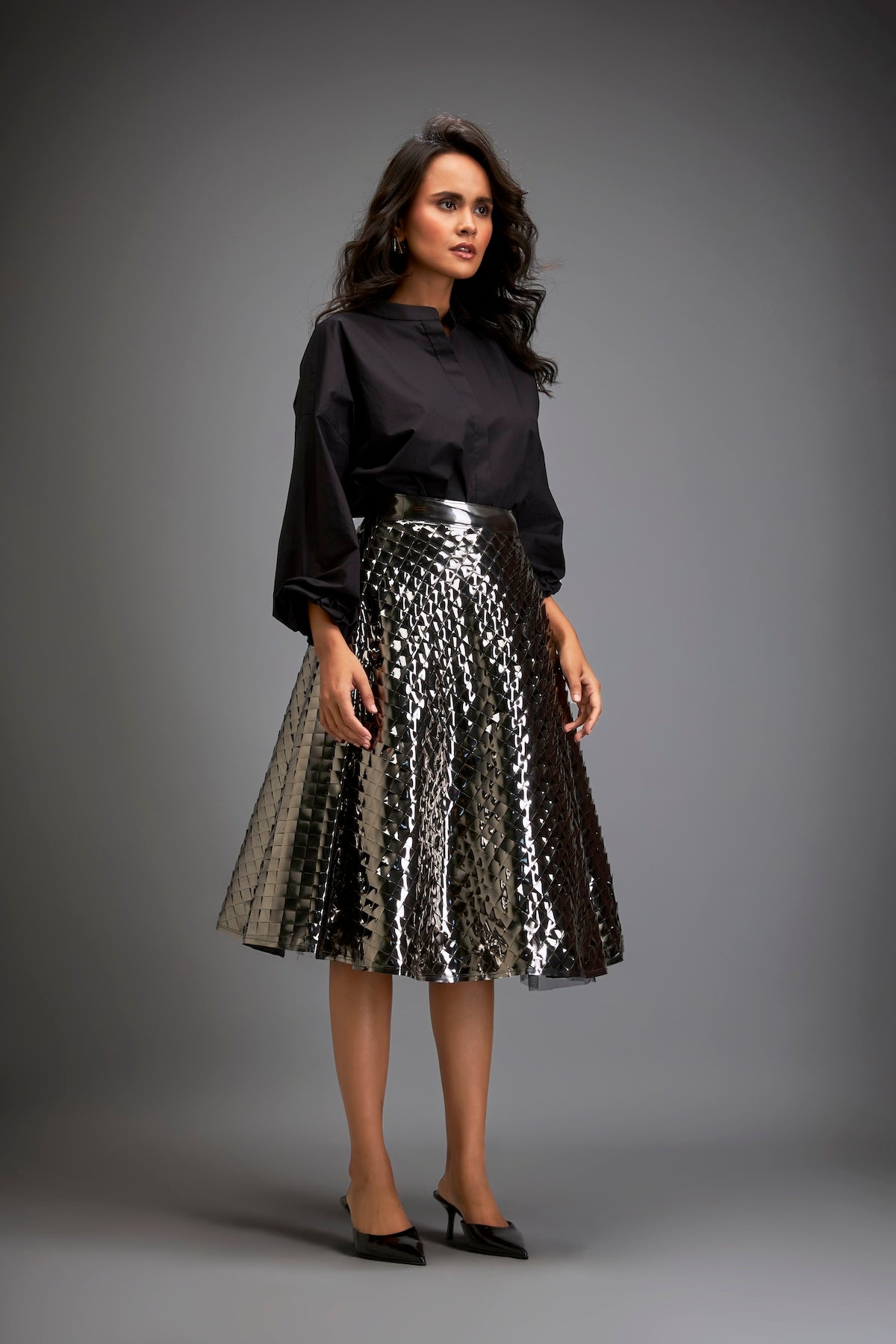 Gun Metal Coloured Metallic 3-D Textured A-line Skirt