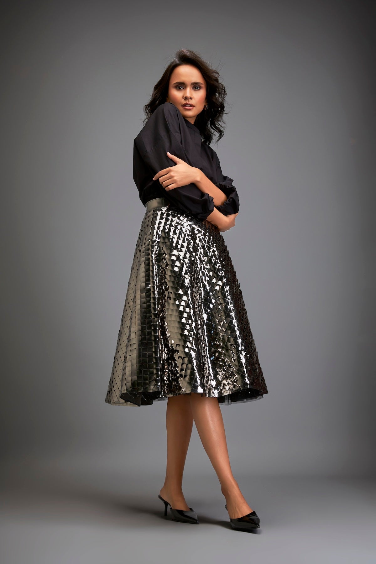 Gun Metal Coloured Metallic 3-D Textured A-line Skirt