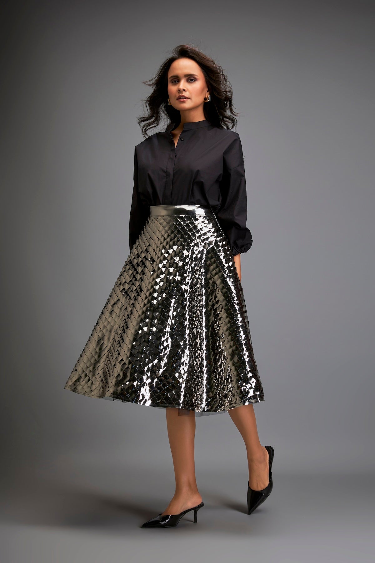 Gun Metal Coloured Metallic 3-D Textured A-line Skirt