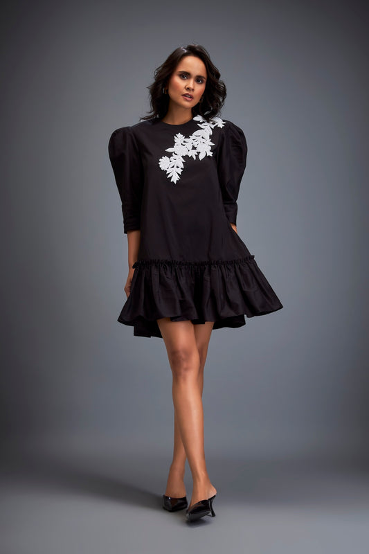 Puff-sleeve Dress With Swarovski Floral Appliqué