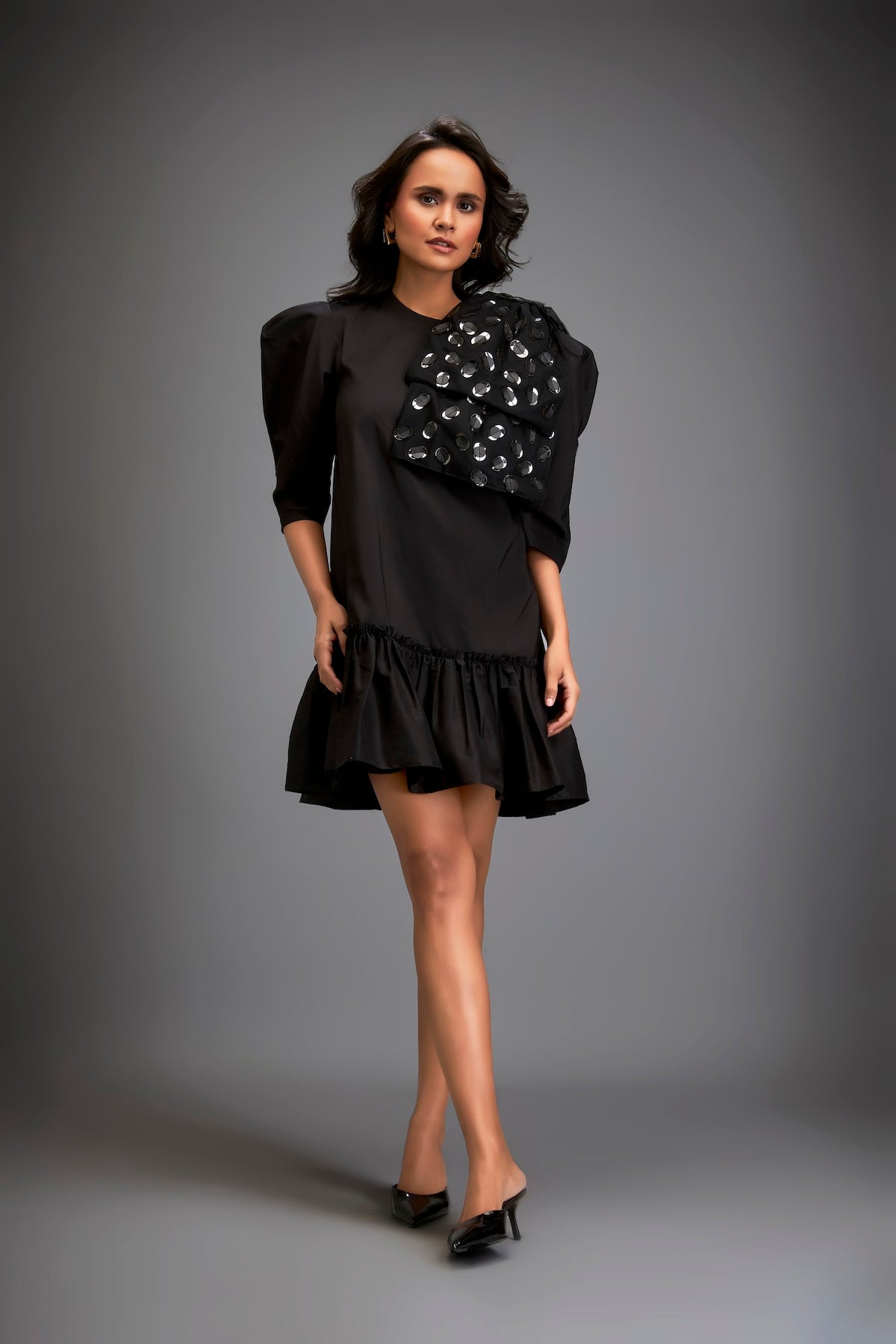 Mini Dress With Ruffled Hem And Metallic Appliqué Shoulder Detailing